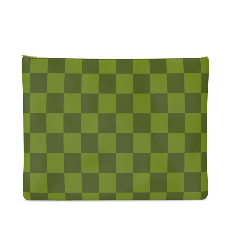 Leather Olive Green Checker Print Zipper Clutch