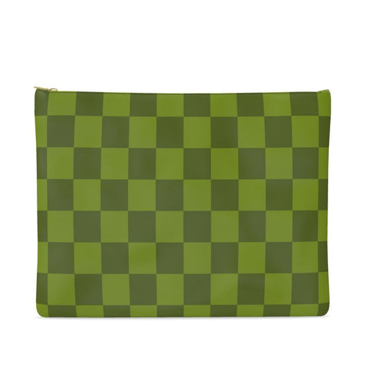 Leather Olive Green Checker Print Zipper Clutch